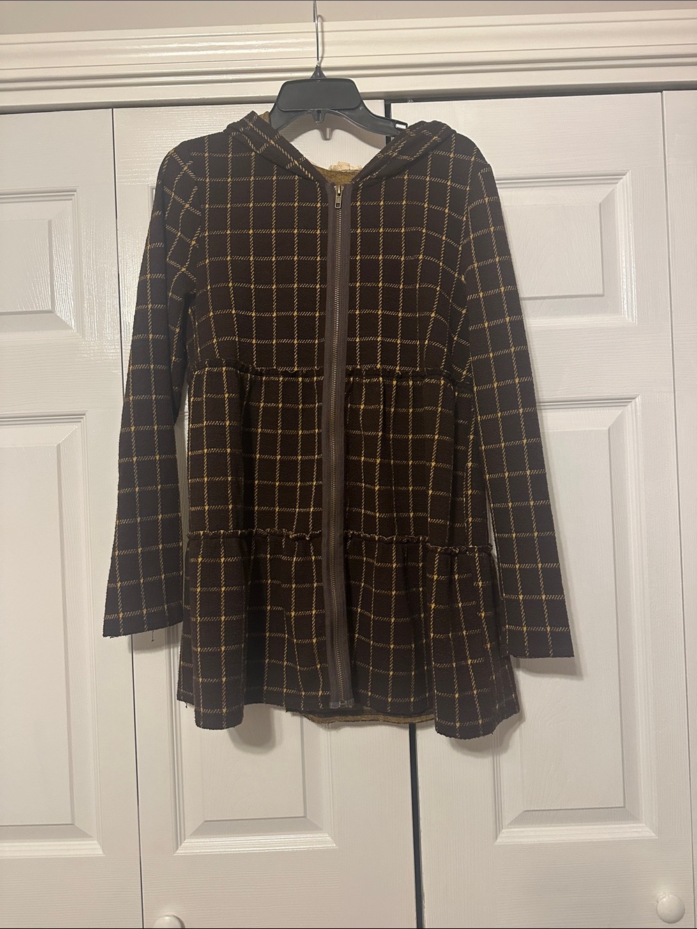Plaid Hoodie Zip-Front Women’s Cardigan - Brown/Gold